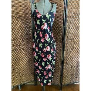Size S//Vintage 90s Slinky Silk Rose Midi Dress